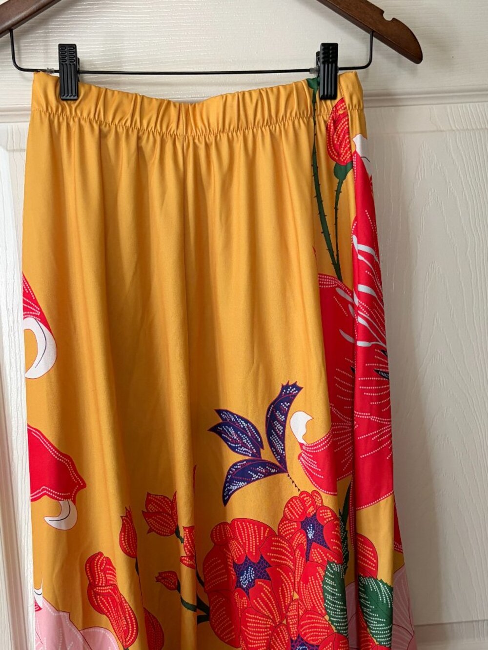 Floral Maxi Skirt Yellow Red Blue Boho Tropical Print Elastic Waist